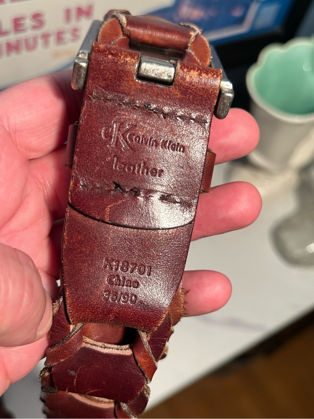Calvin Klein Woven Brown Leather Belt with Brushed Silver Buckle - Picture 4 of 13